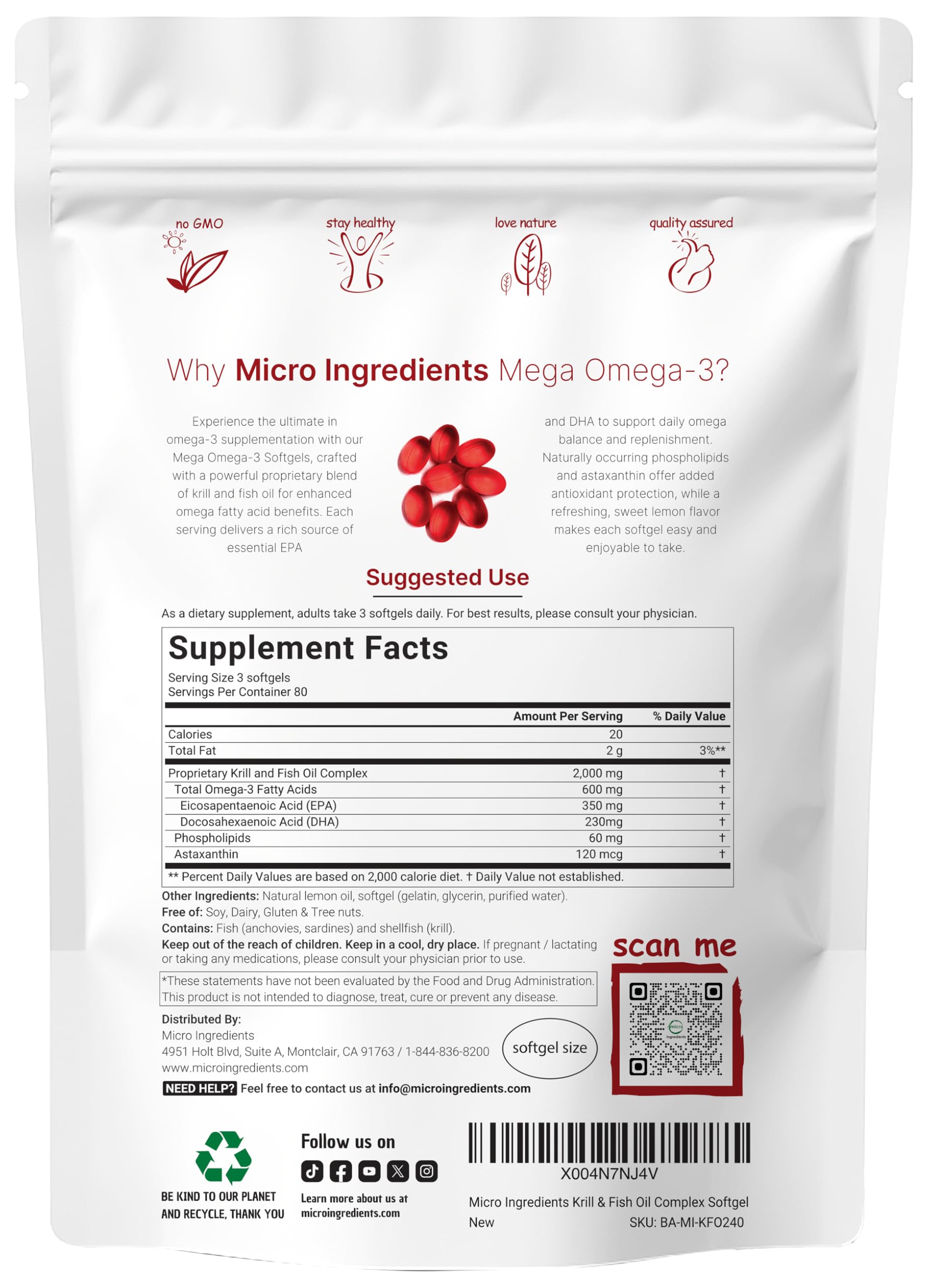 Micro Ingredients premium krill and fish oil supplement nutritional facts and EPA DHA dosage breakdown.