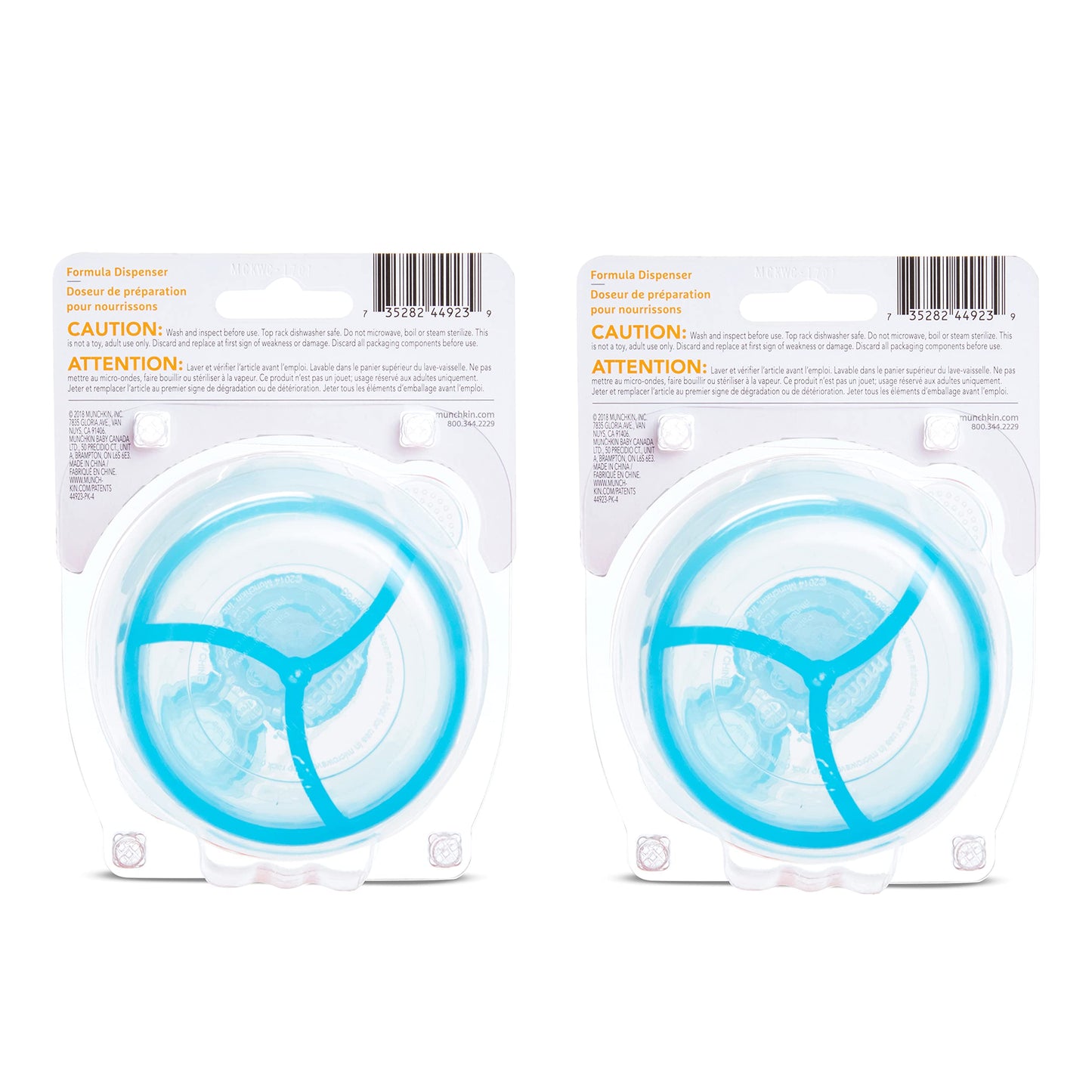 Two blue Munchkin formula dispensers side by side showcasing the nine ounce capacity compartments