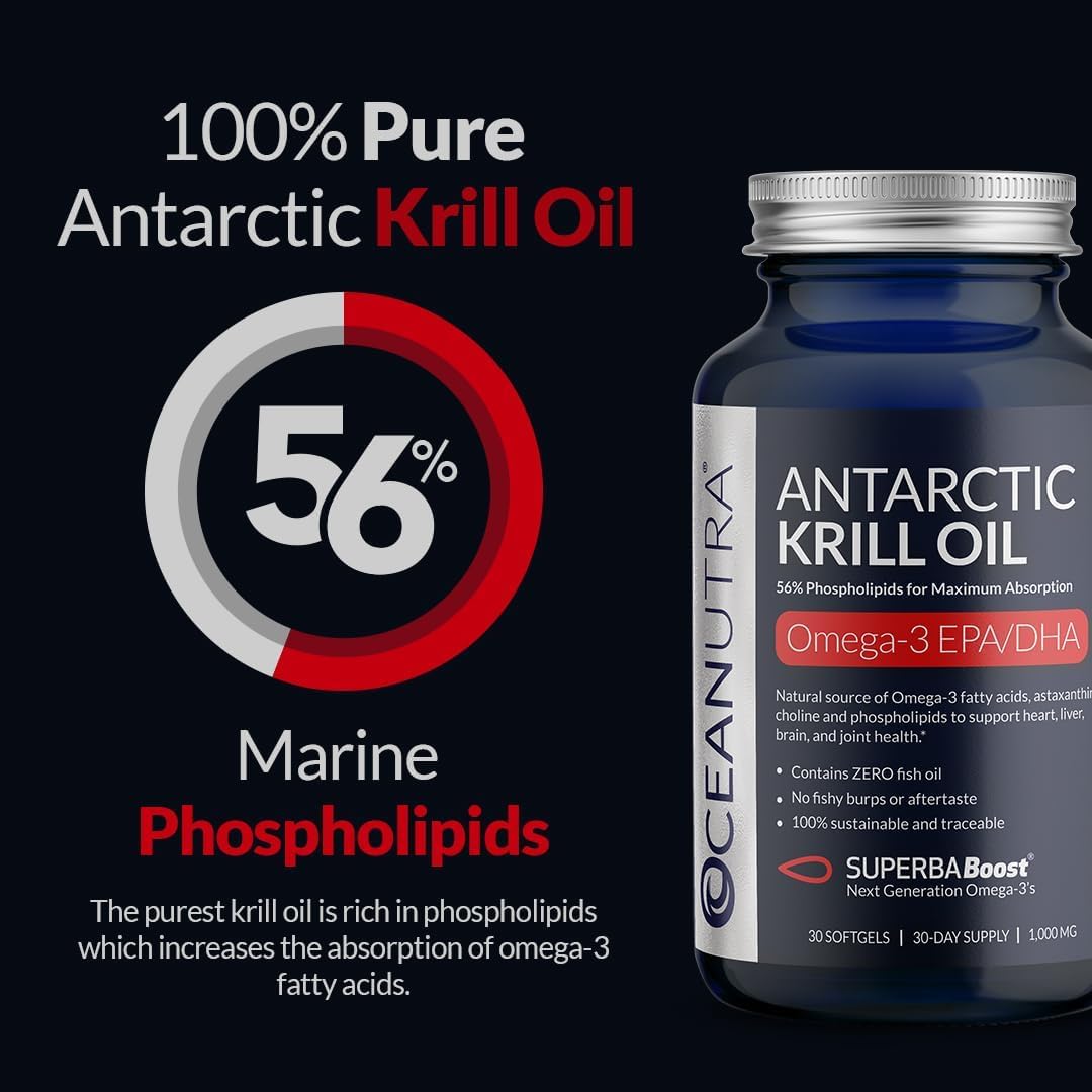 Oceanutra premium omega three supplement bottle displaying the superba boost phospholipid formula ingredients.