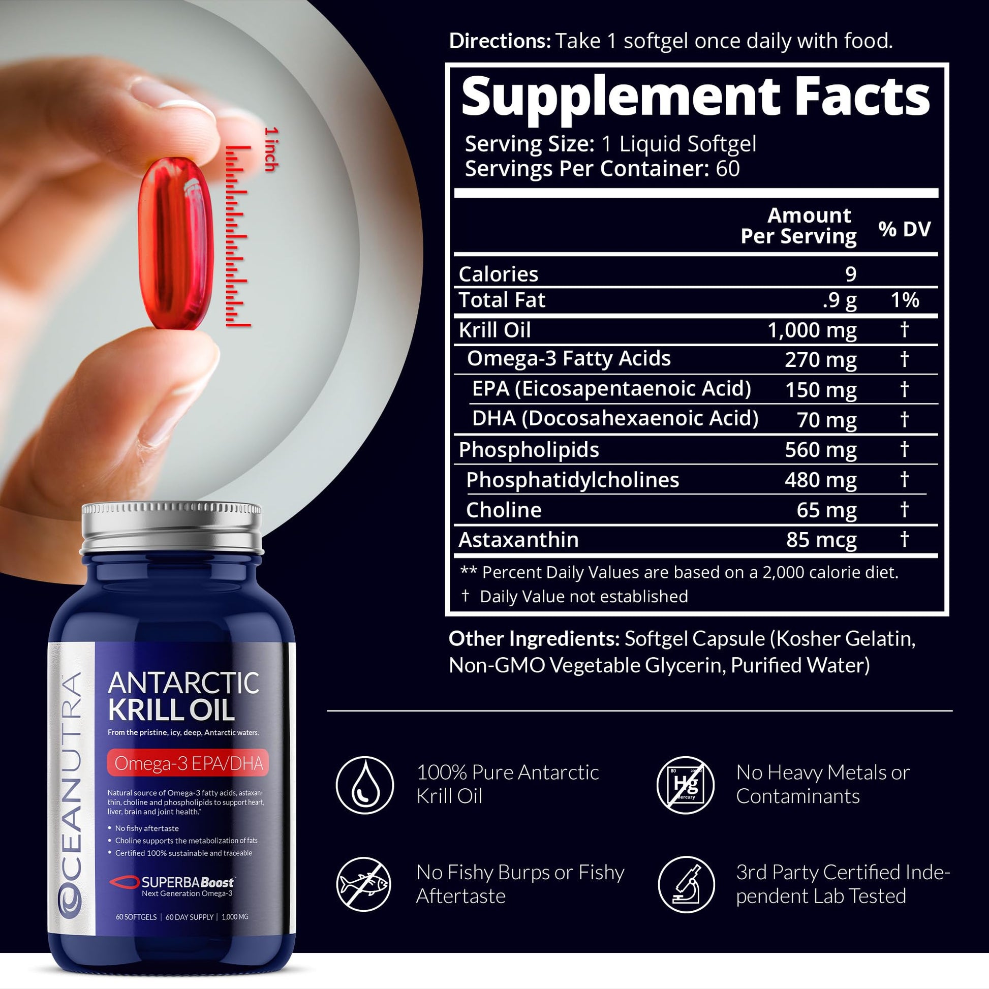 Back label of Oceanutra krill oil detailing nutritional facts, EPA, DHA, and choline content.