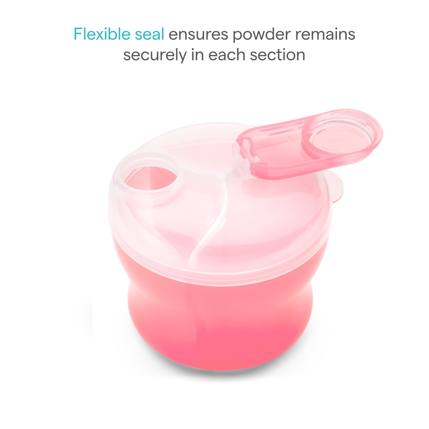 Three compartment baby formula container with easy pour spout open
