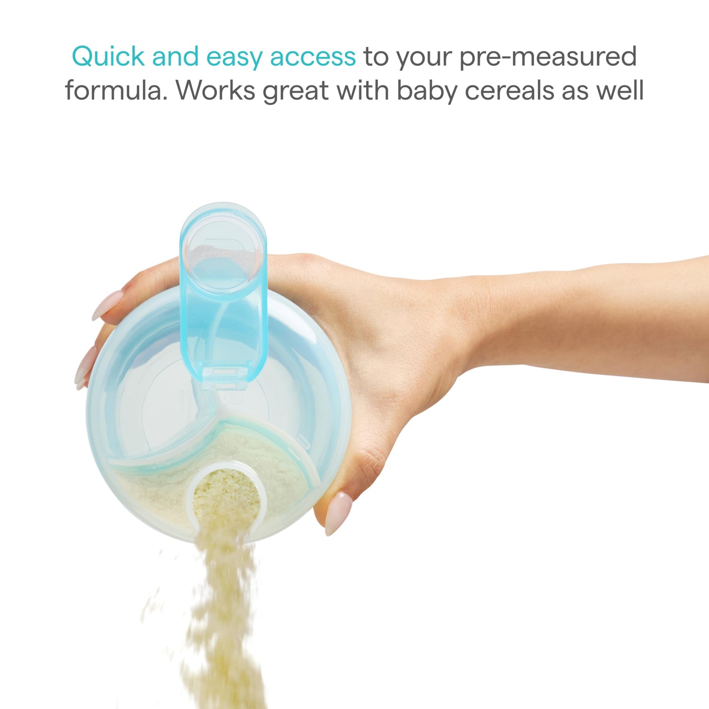 Compact diaper bag friendly nine ounce formula dispenser top angle view