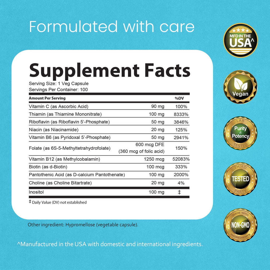 Side angle of NaturaLife Labs Vitamin B Complex bottle displaying clean supplement label features