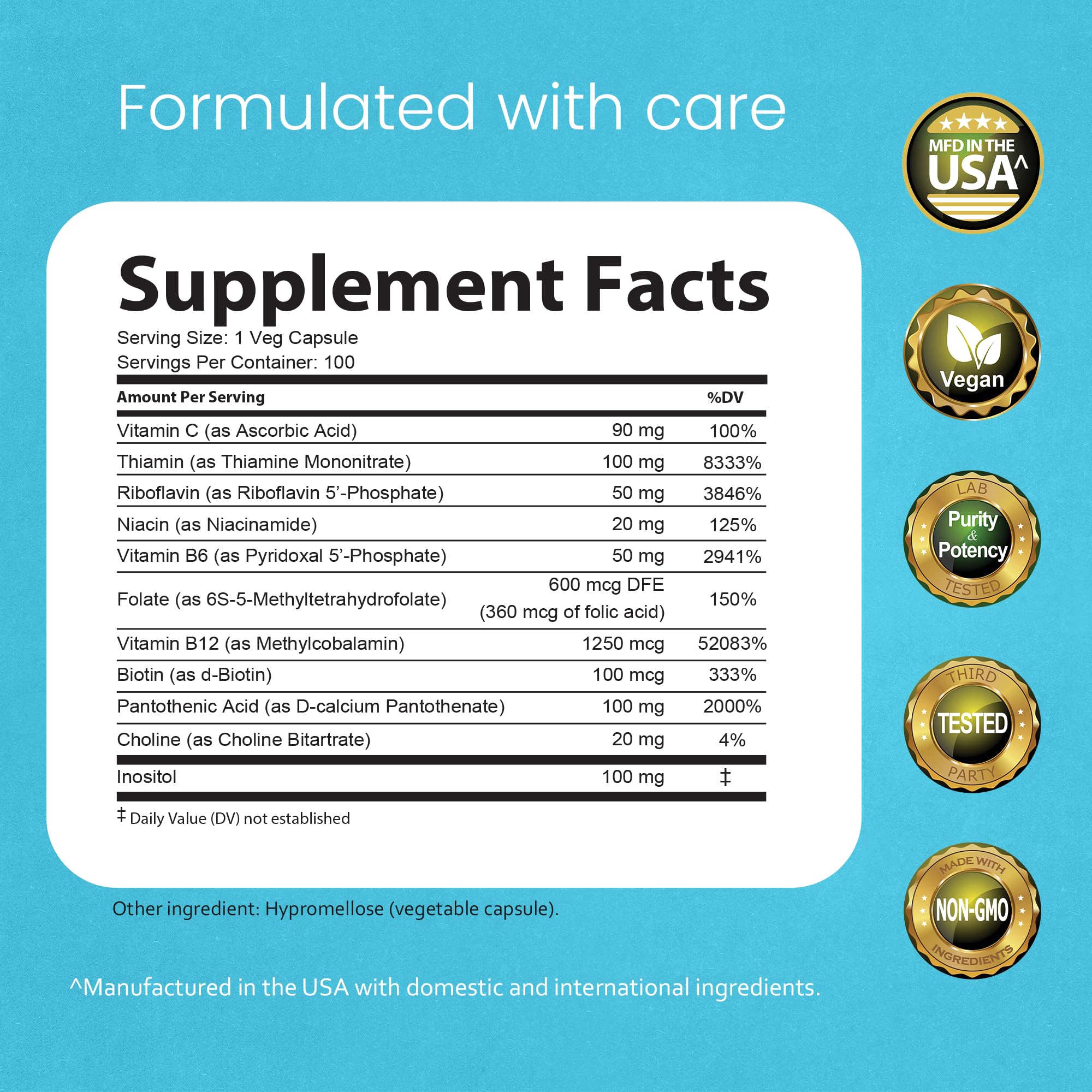 Side angle of NaturaLife Labs Vitamin B Complex bottle displaying clean supplement label features