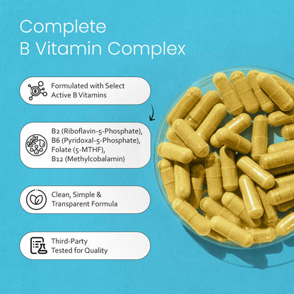 Back label view of NaturaLife Labs B Complex showing active forms of ingredients like Methylcobalamin