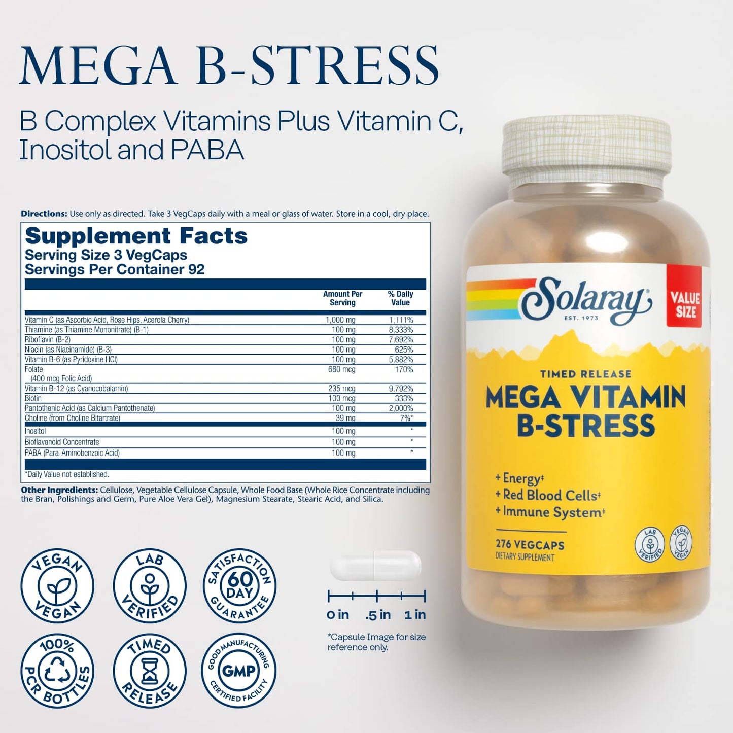 Side angle view of Solaray B Complex bottle detailing the comprehensive supplement facts and high potency ingredient list
