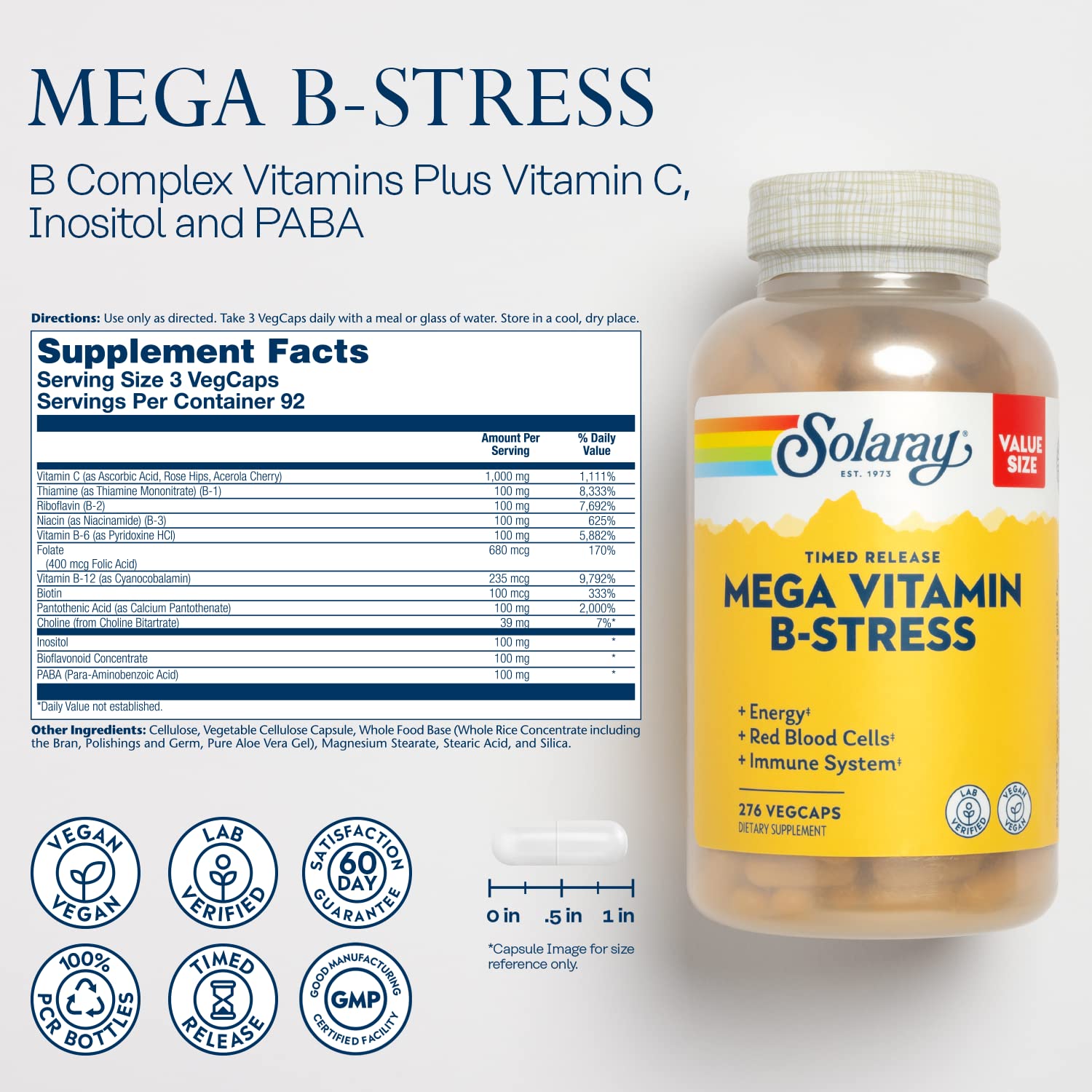 Side angle view of Solaray B Complex bottle detailing the comprehensive supplement facts and high potency ingredient list