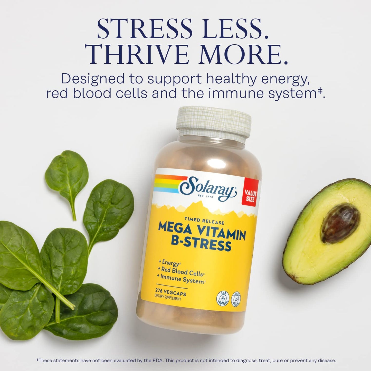 Back label close up of Solaray Mega Vitamin B Stress showing the clear instructions for daily usage and the non GMO verification