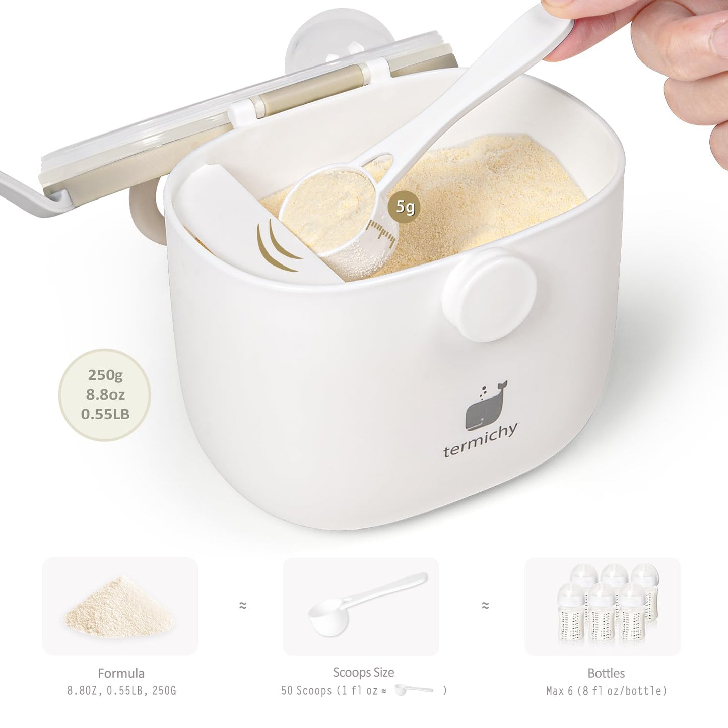 Termichy milk powder storage container open lid showing separate scoop compartment