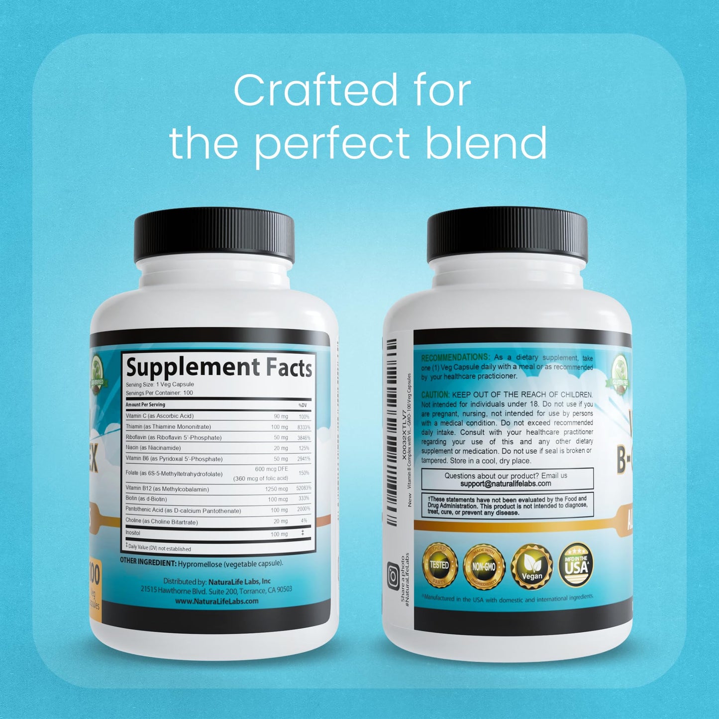 Authentic USA imported NaturaLife Labs Vitamin B Complex bottle highlighting the vegan capsule count