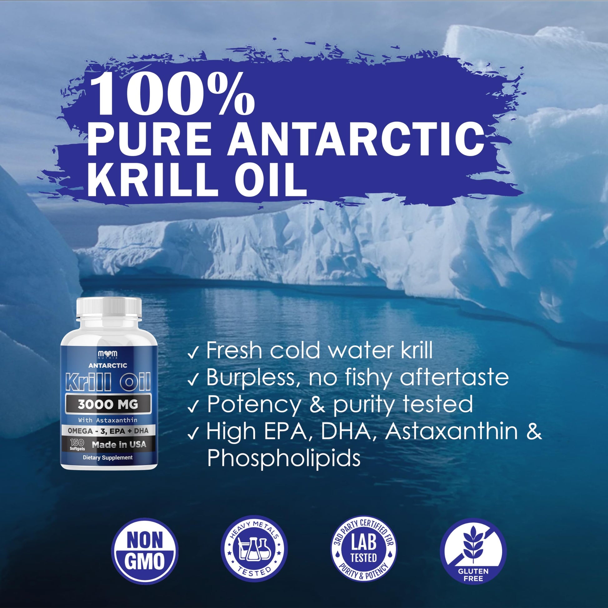 Premium burpless omega-3 krill oil 150 softgels packaging highlighting high absorption features.