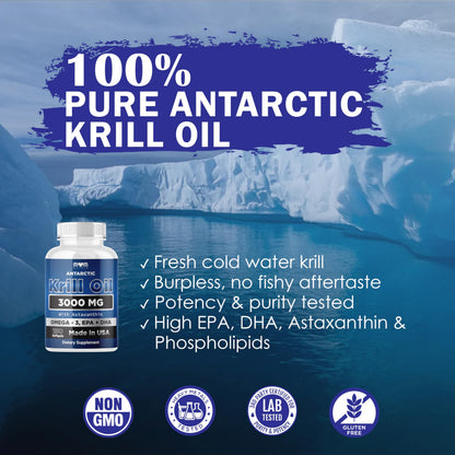 Premium burpless omega-3 krill oil 150 softgels packaging highlighting high absorption features.