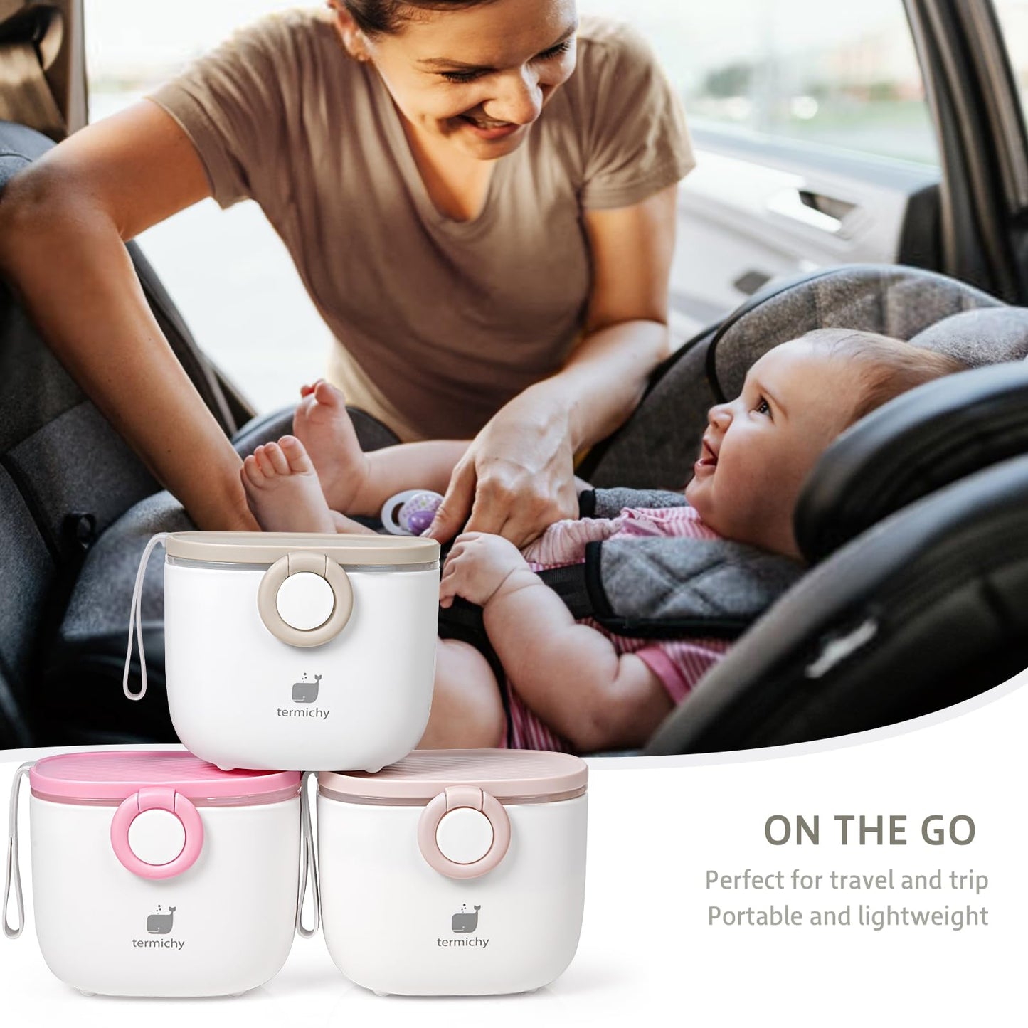 Termichy grey travel formula dispenser being placed inside a diaper bag