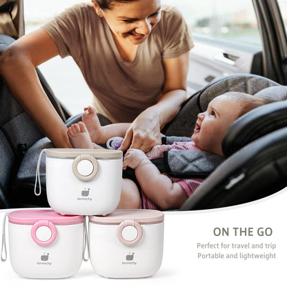 Termichy grey travel formula dispenser being placed inside a diaper bag