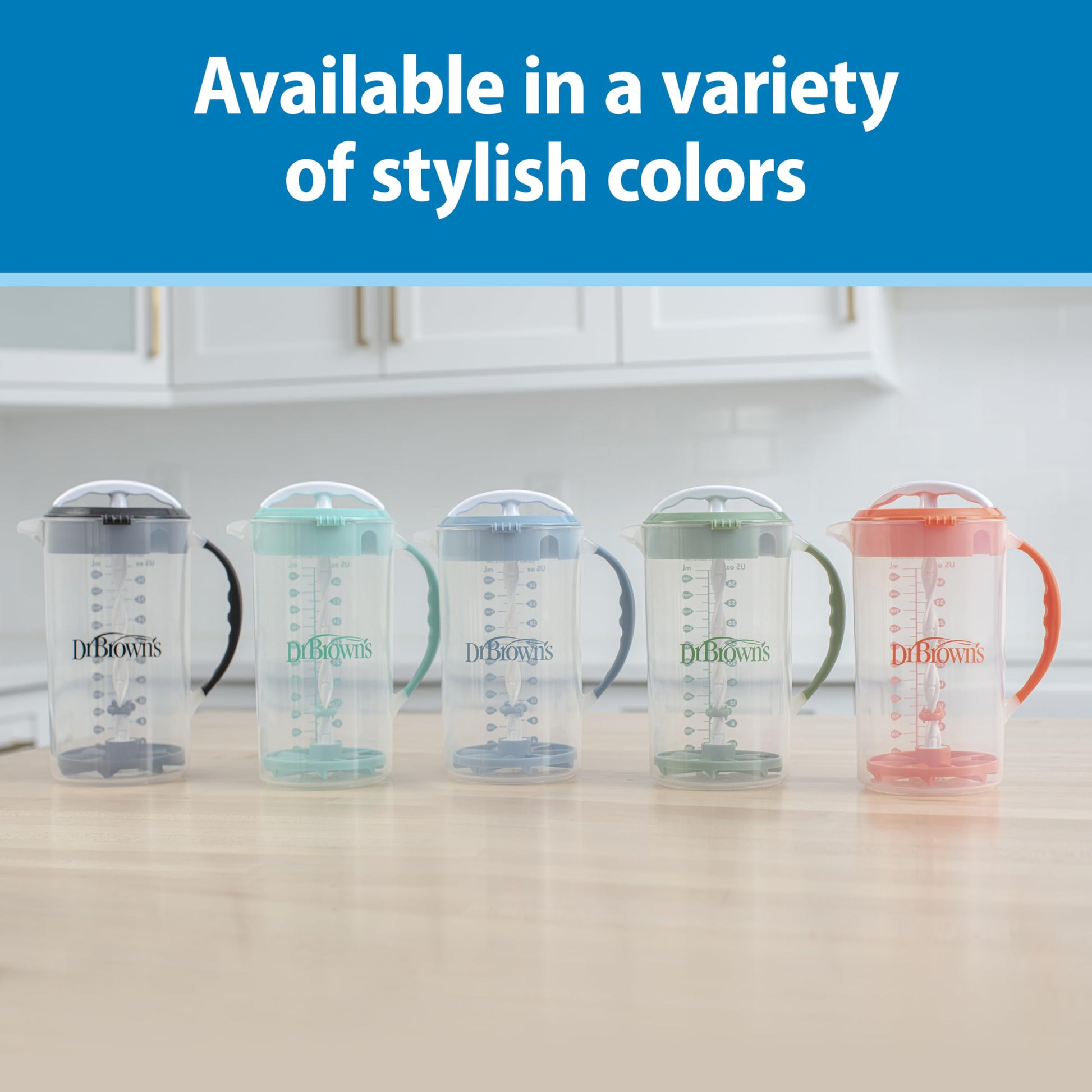 Dr. Brown's 36 Ounce formula mixing pitcher sitting on a kitchen counter prepared for multiple nighttime feeds.
