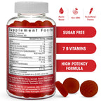 Vegan strawberry flavored B complex gummies showing nutritional facts and high potency Vitamin B12 content.