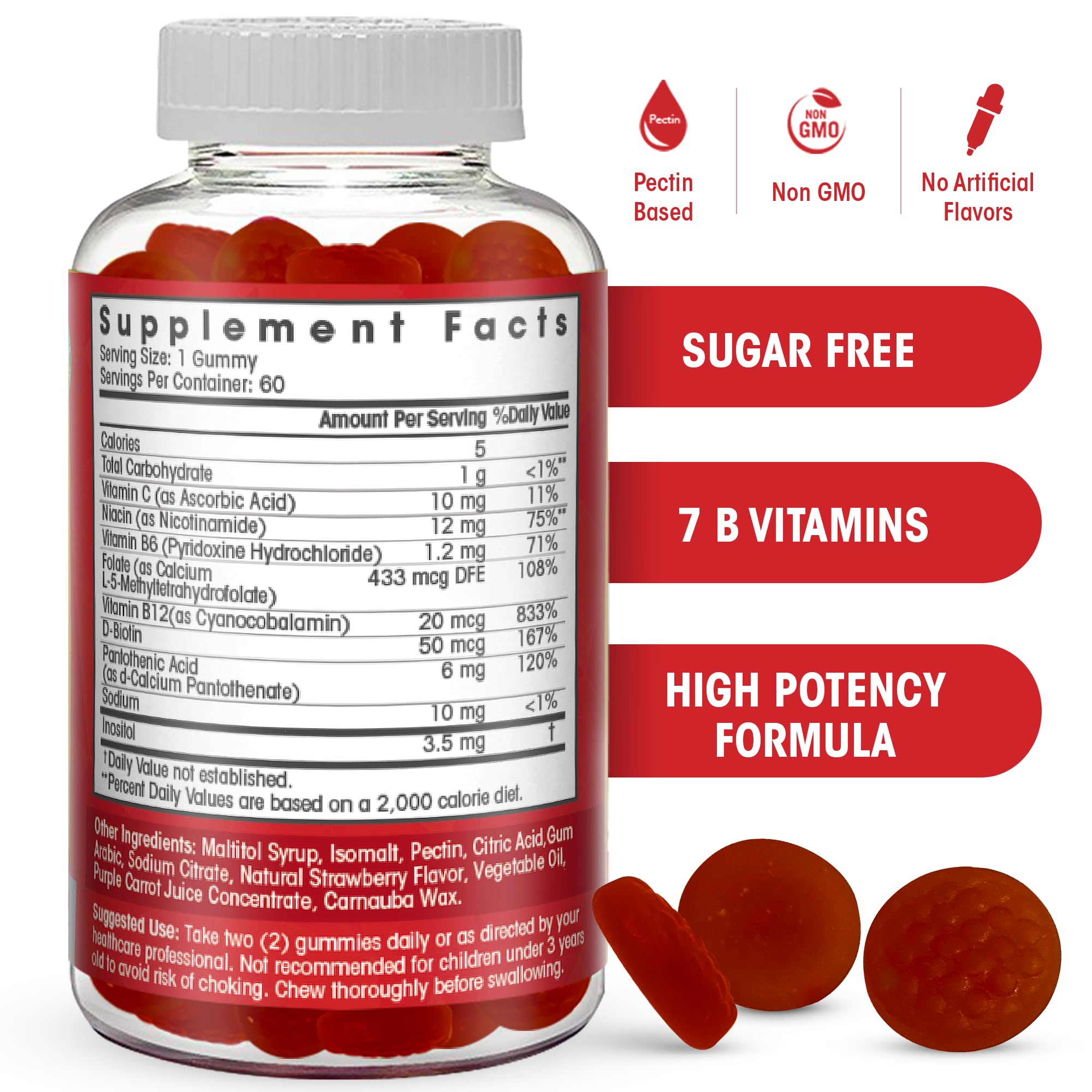 Vegan strawberry flavored B complex gummies showing nutritional facts and high potency Vitamin B12 content.