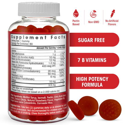 Vegan strawberry flavored B complex gummies showing nutritional facts and high potency Vitamin B12 content.