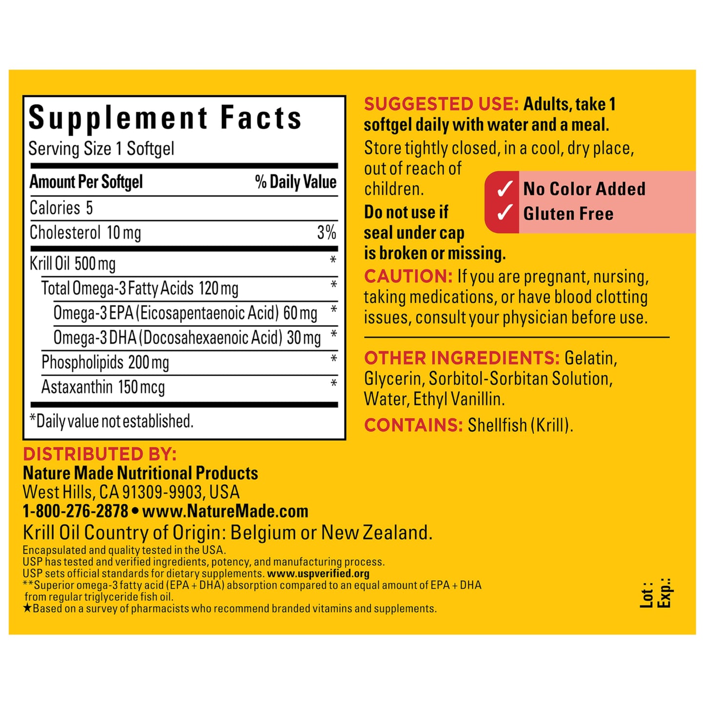 Antarctic krill oil 500 Milligram softgels pack displaying antioxidant astaxanthin composition