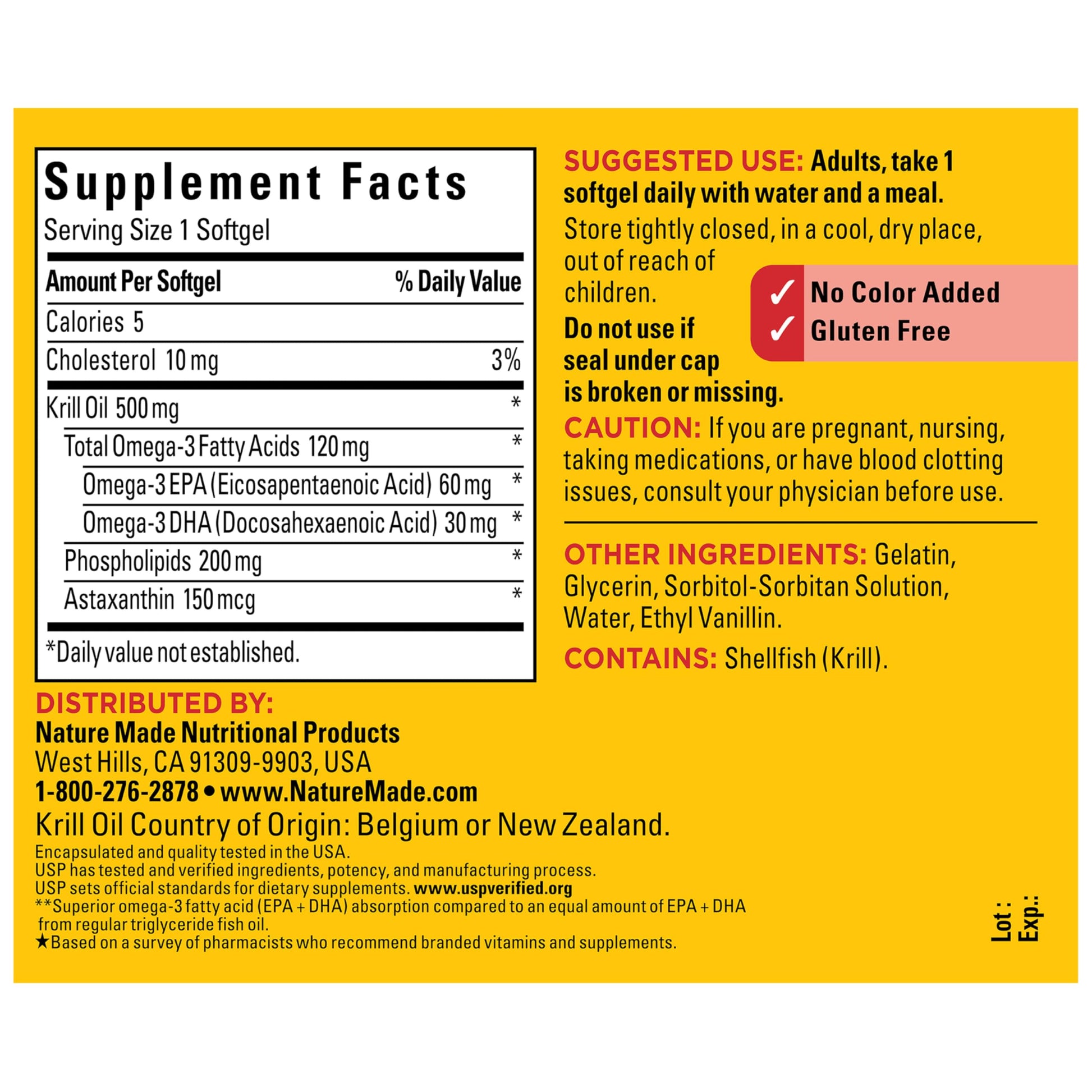 Antarctic krill oil 500 Milligram softgels pack displaying antioxidant astaxanthin composition