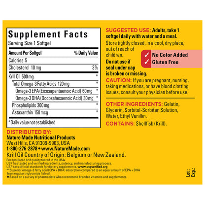 Antarctic krill oil 500 Milligram softgels pack displaying antioxidant astaxanthin composition