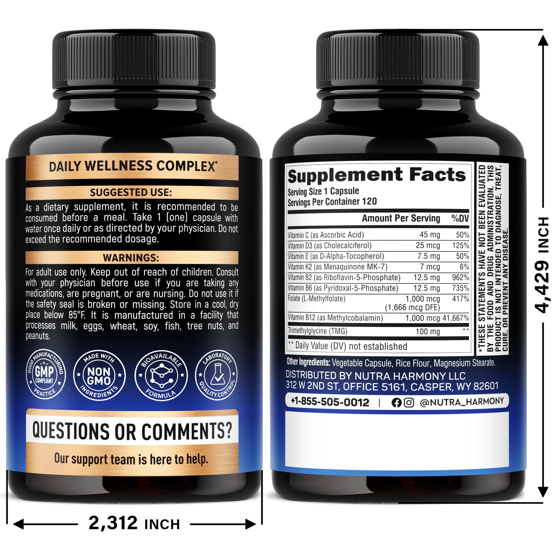 Nutraharmony MTHFR support supplement packaging detailing active B12 and 5-MTHF folate benefits.