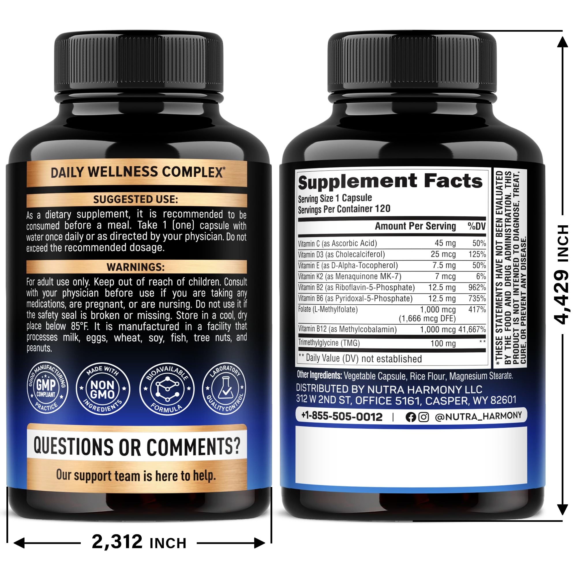 Nutraharmony MTHFR support supplement packaging detailing active B12 and 5-MTHF folate benefits.
