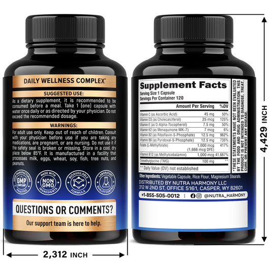 Nutraharmony MTHFR support supplement packaging detailing active B12 and 5-MTHF folate benefits.