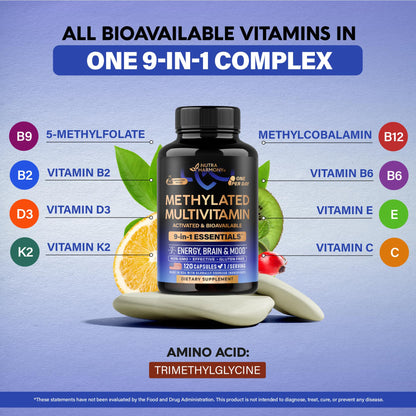 Nutraharmony 9 in 1 daily methylation support dietary supplement capsules close up shot.