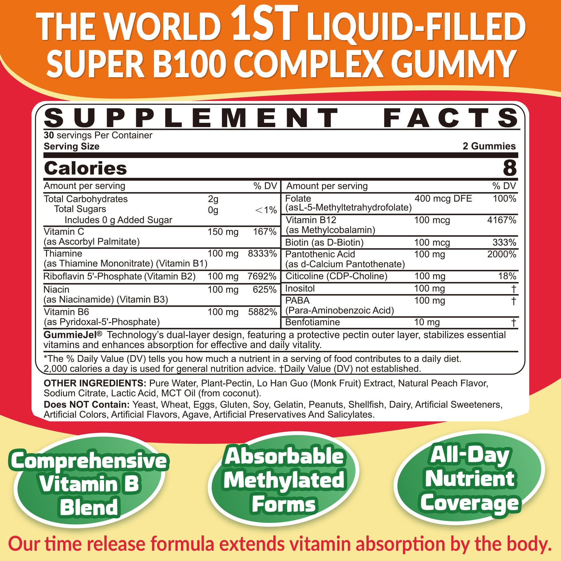 NEVISS Sugar Free B Complex dietary supplement label showing active methylated ingredients and liquid filled technology details
