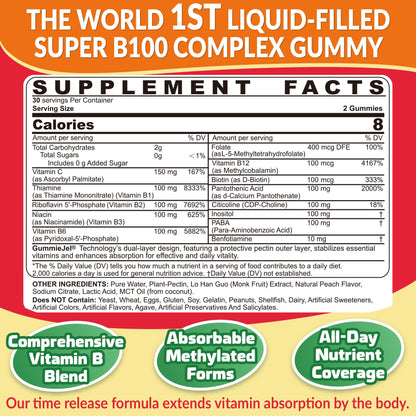 NEVISS Sugar Free B Complex dietary supplement label showing active methylated ingredients and liquid filled technology details