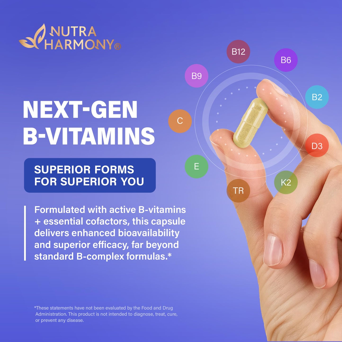 Nutraharmony premium wellness imported vitamins bottle showing clean ingredients and daily serving size.
