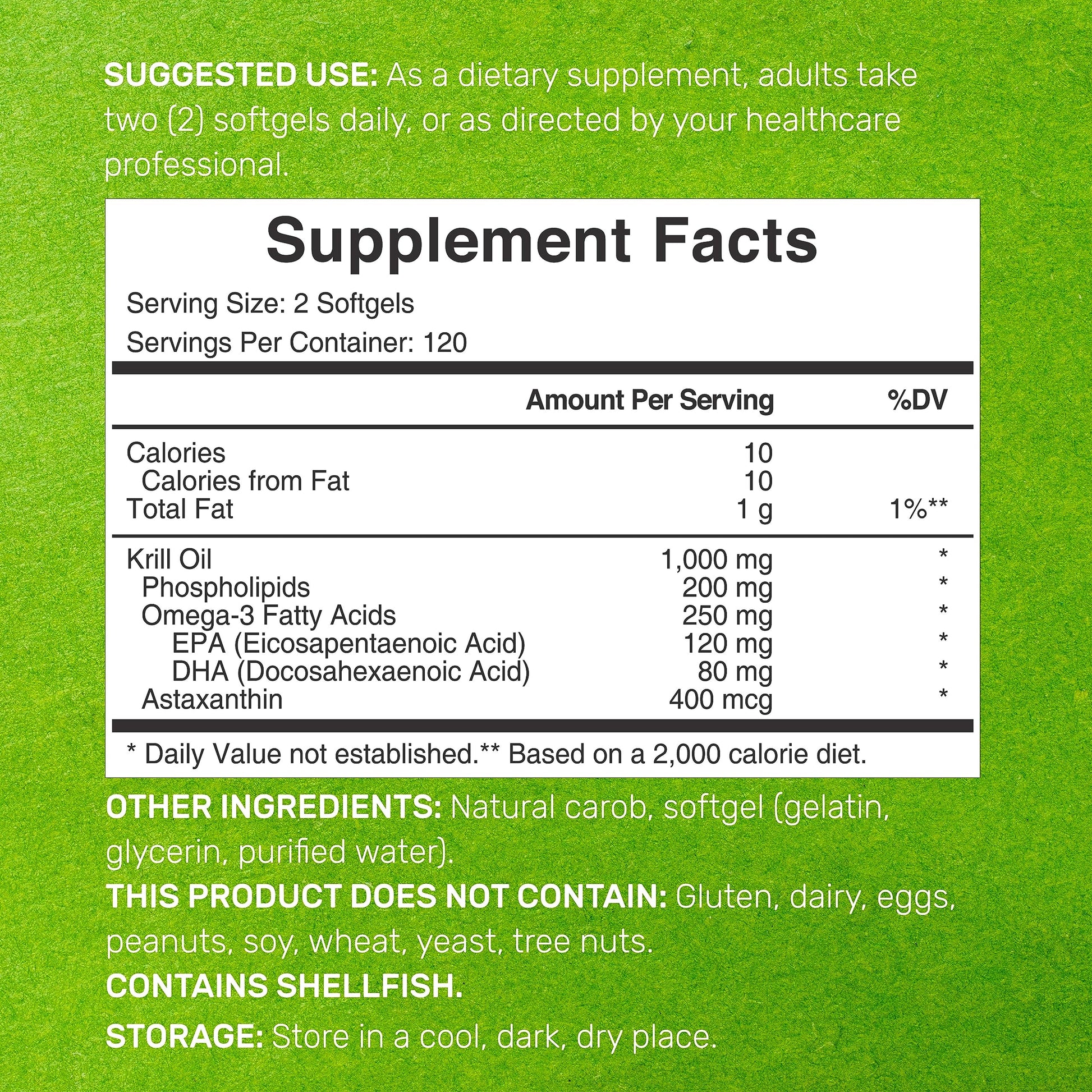 Deal Supplement Antarctic Krill Oil 240 softgels side label showing ingredients and facts
