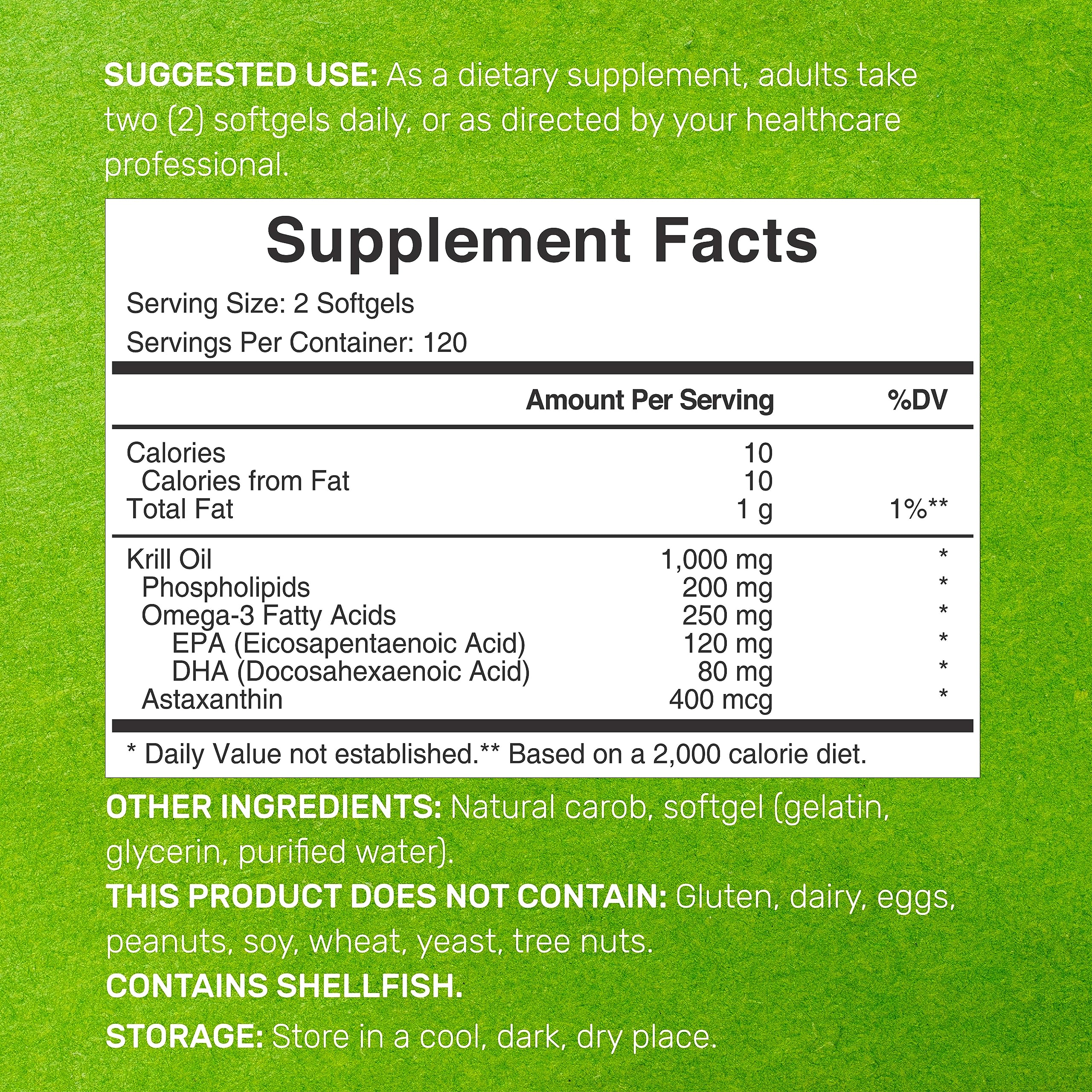 Deal Supplement Antarctic Krill Oil 240 softgels side label showing ingredients and facts