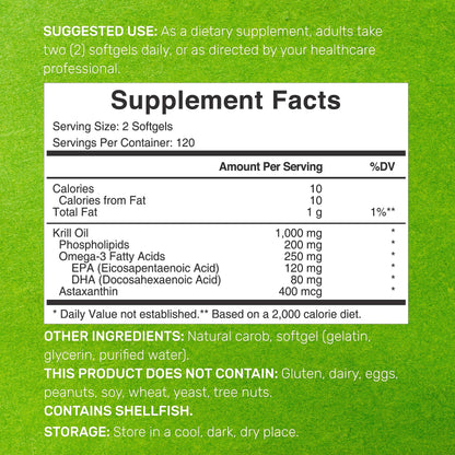Deal Supplement Antarctic Krill Oil 240 softgels side label showing ingredients and facts