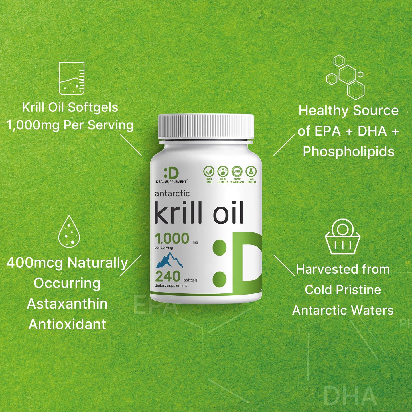 Deal Supplement Antarctic Krill Oil showing softgel size and clear reddish astaxanthin color