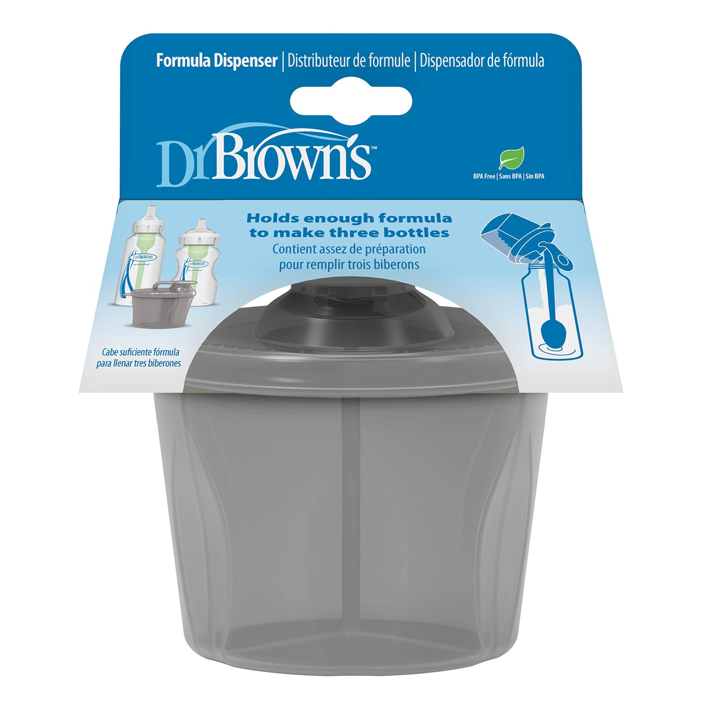 Compact Dr. Brown's milk powder storage container placed next to a baby diaper bag