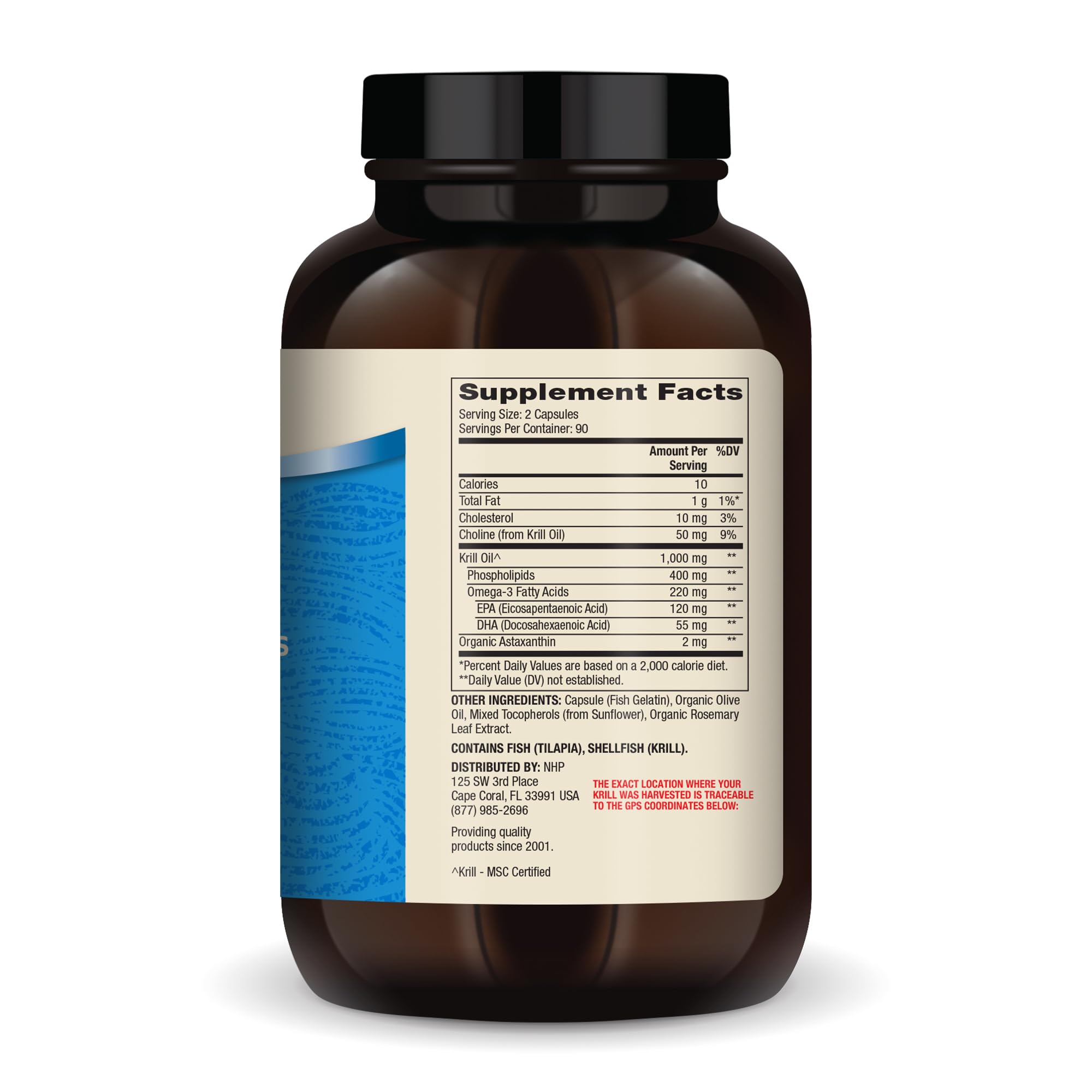 Dr. Mercola Antarctic Krill Oil supplement facts label showing exact nutritional ingredients.