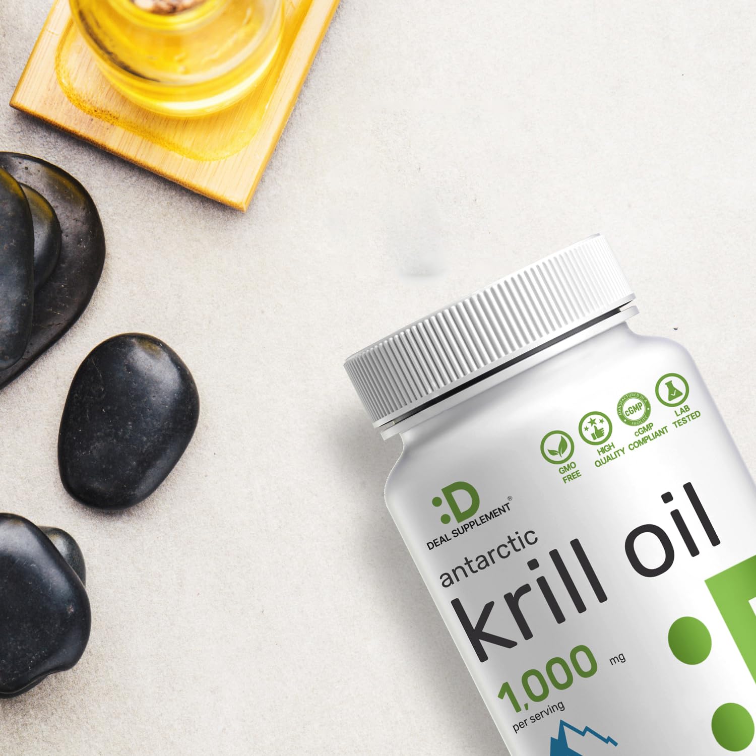 Deal Supplement Antarctic Krill Oil packaging layout showing non GMO and gluten free seals