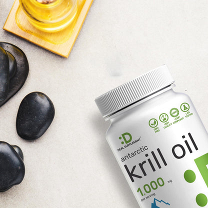 Deal Supplement Antarctic Krill Oil packaging layout showing non GMO and gluten free seals