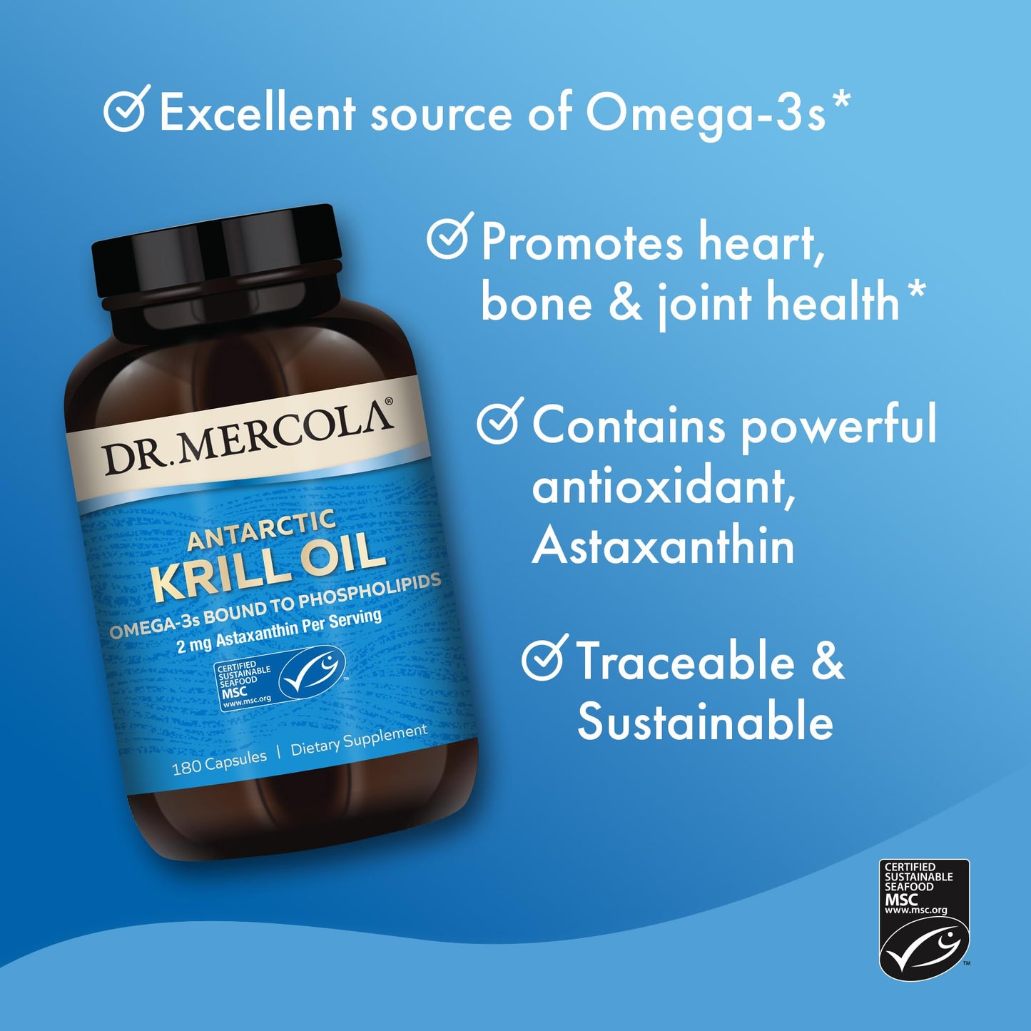 Side view of Dr. Mercola Antarctic Krill Oil highlighting the MSC certified sustainable logo.