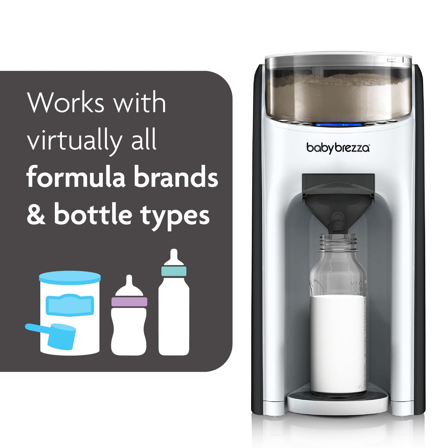 Baby Brezza Formula Pro Advanced dispensing warm formula into a clear baby bottle