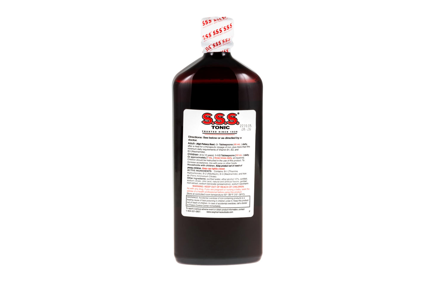 S.S.S. Tonic Liquid Iron and Vitamin B Supplement packaging showing detailed nutrition facts and ingredients