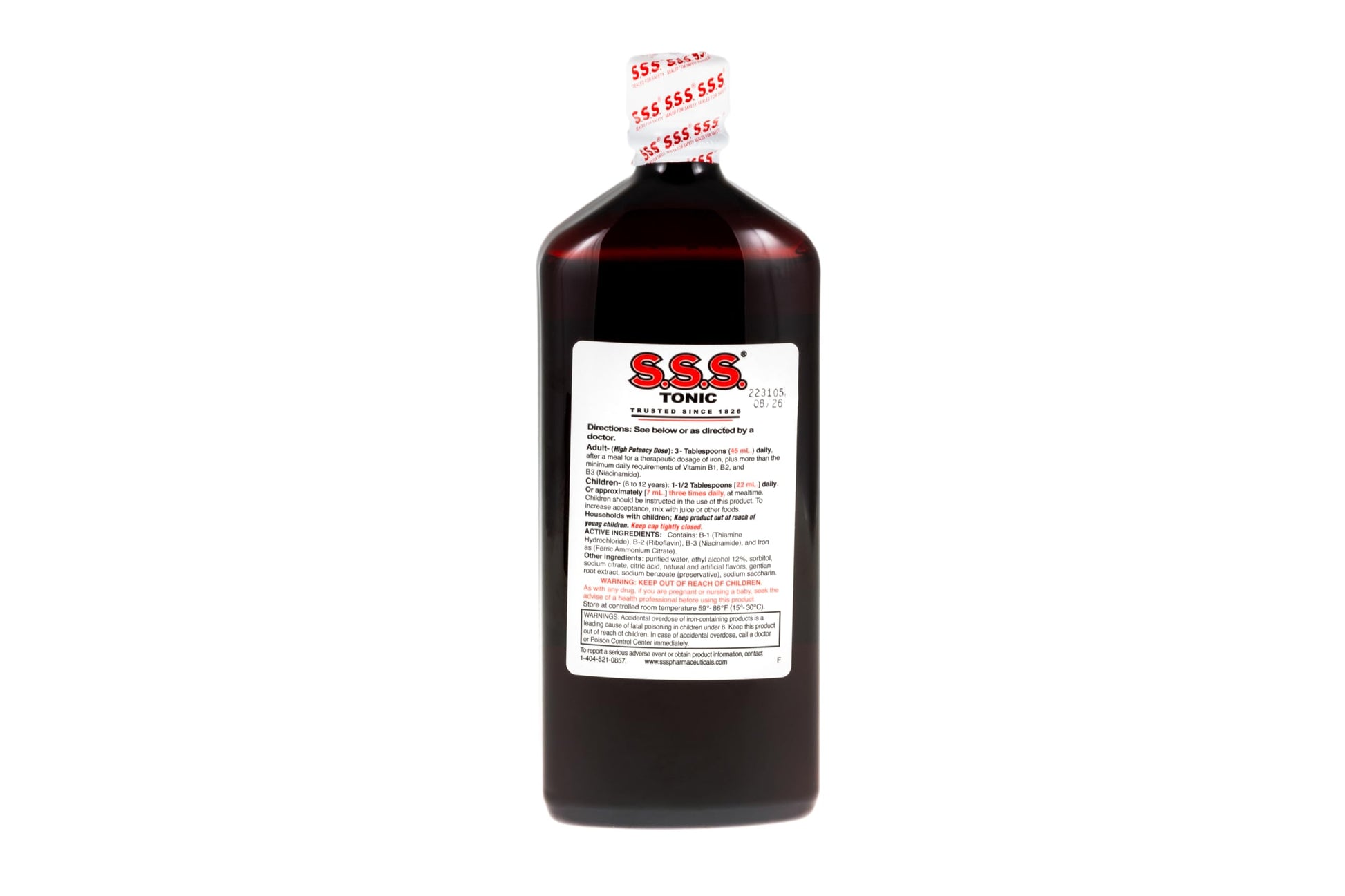 S.S.S. Tonic Liquid Iron and Vitamin B Supplement packaging showing detailed nutrition facts and ingredients