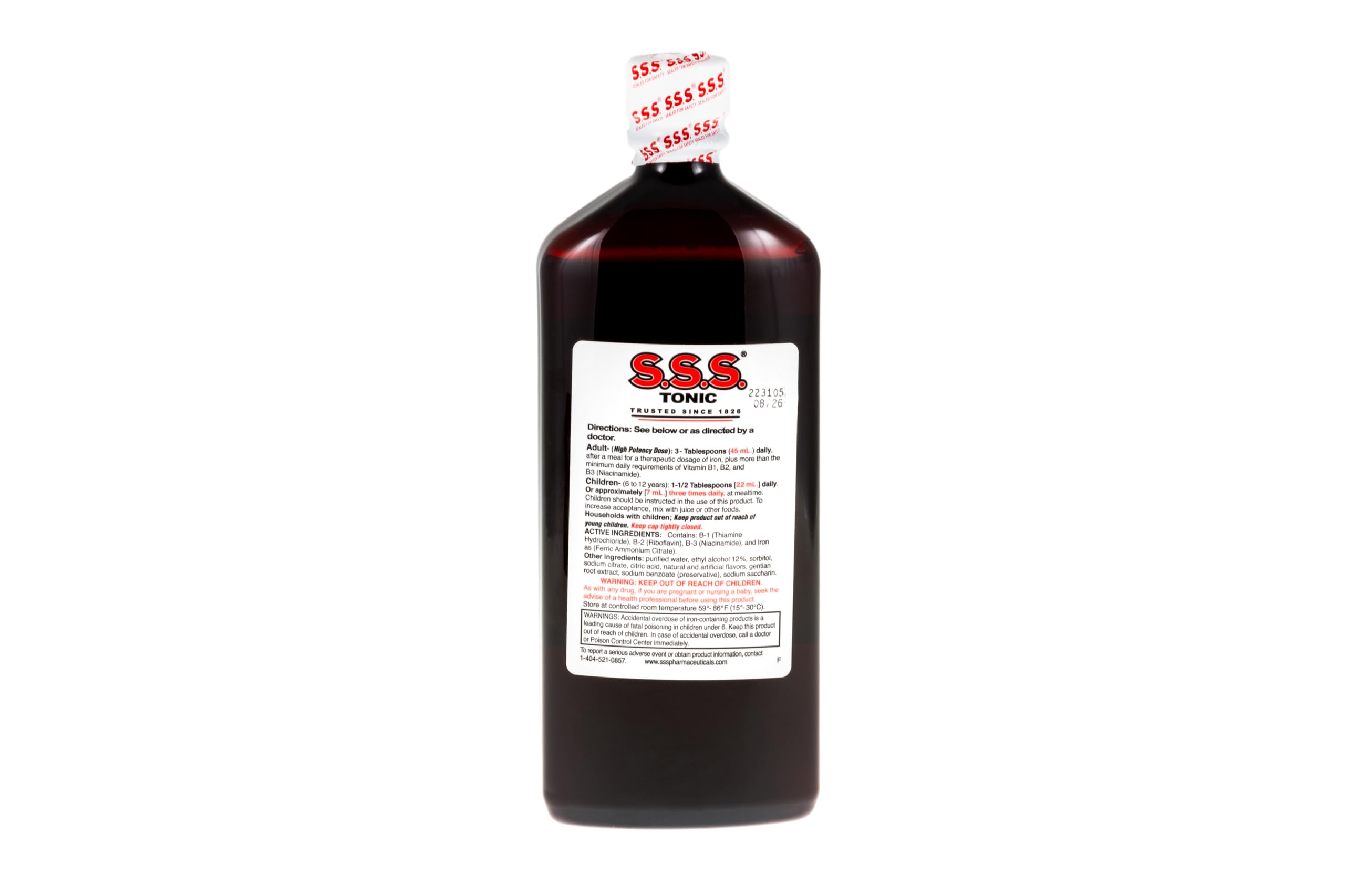 S.S.S. Tonic Liquid Iron and Vitamin B Supplement packaging showing detailed nutrition facts and ingredients