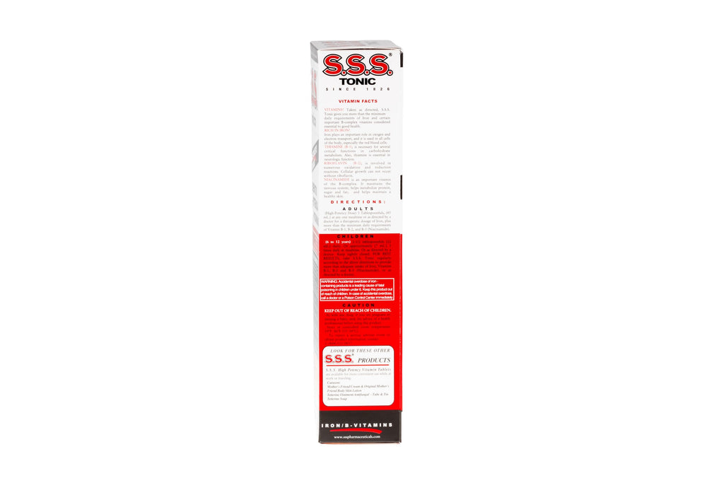 S.S.S. Company high potency liquid iron formula dark amber bottle highlighting USA imported authenticity