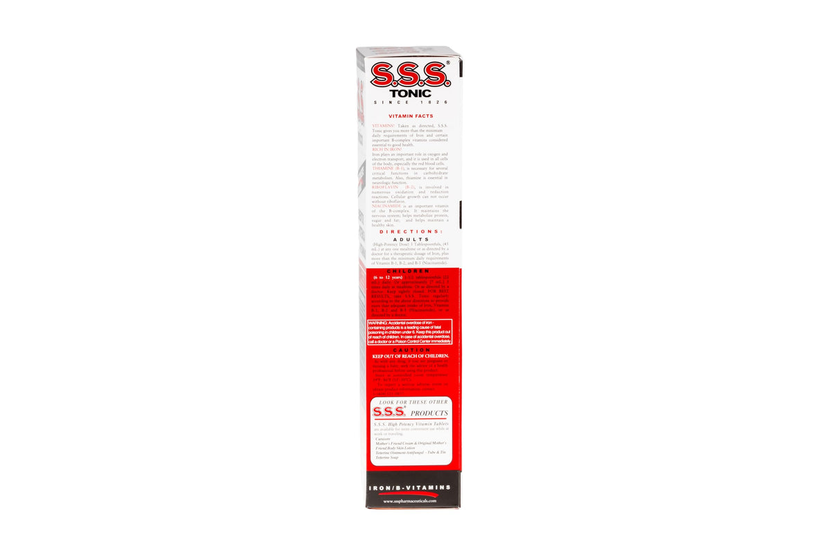 S.S.S. Company high potency liquid iron formula dark amber bottle highlighting USA imported authenticity