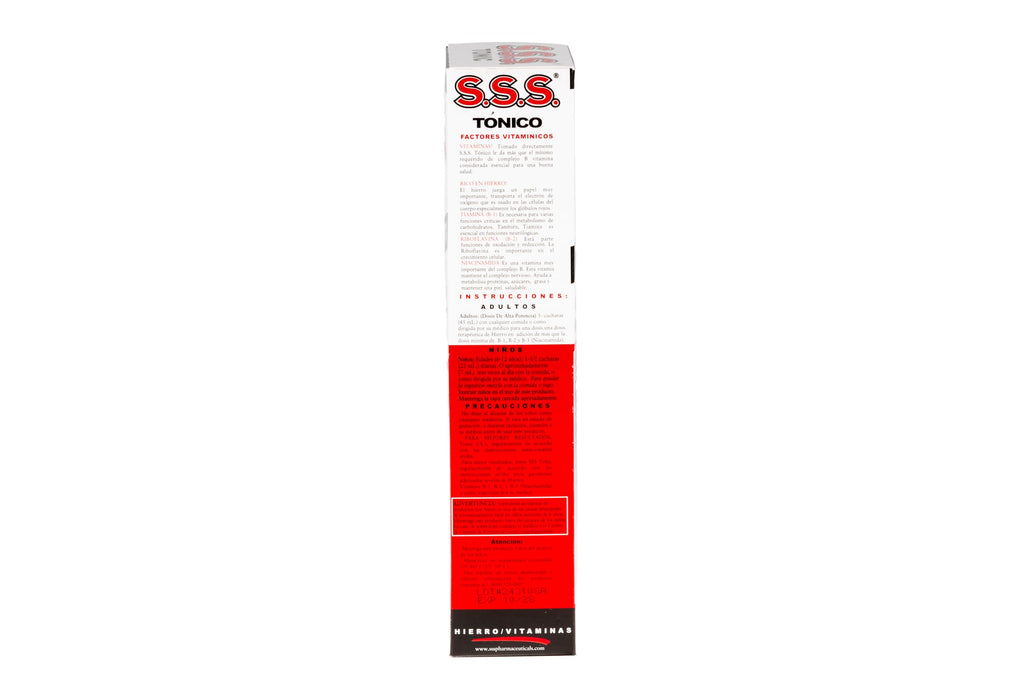 Authentic SSS Tonic liquid iron supplement showing correct adult dosage instructions on the back label