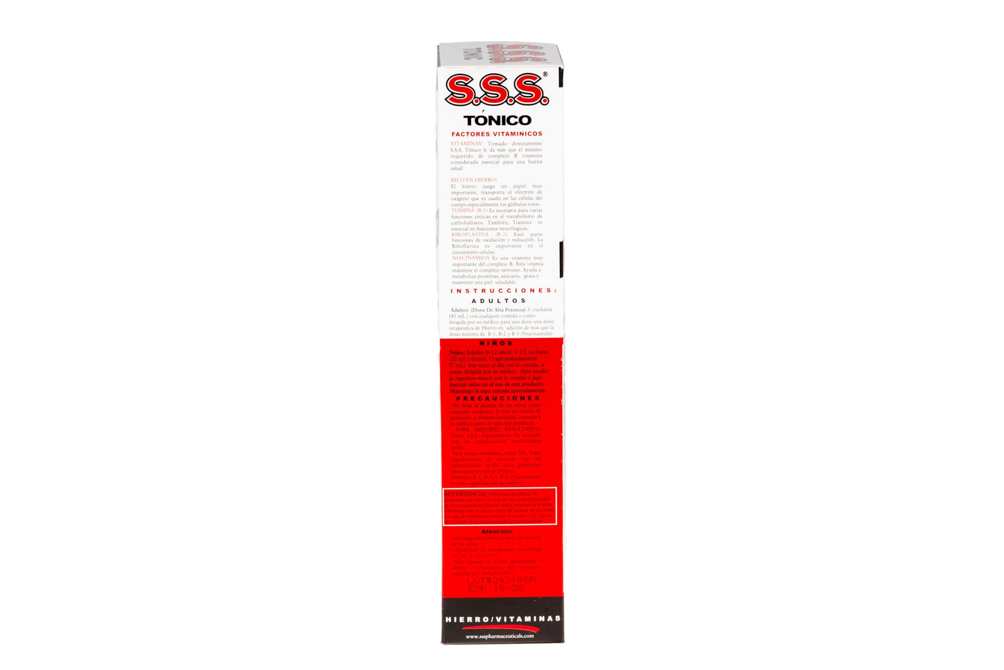 Authentic SSS Tonic liquid iron supplement showing correct adult dosage instructions on the back label