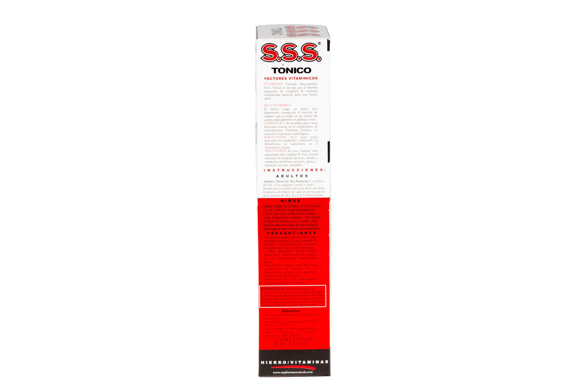 Authentic SSS Tonic liquid iron supplement showing correct adult dosage instructions on the back label